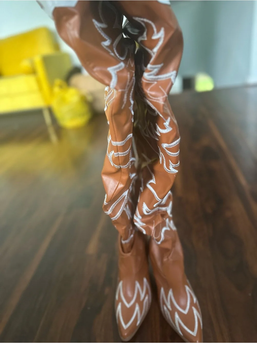 Women's Brown Embroidered Over-the-Knee Western Boots